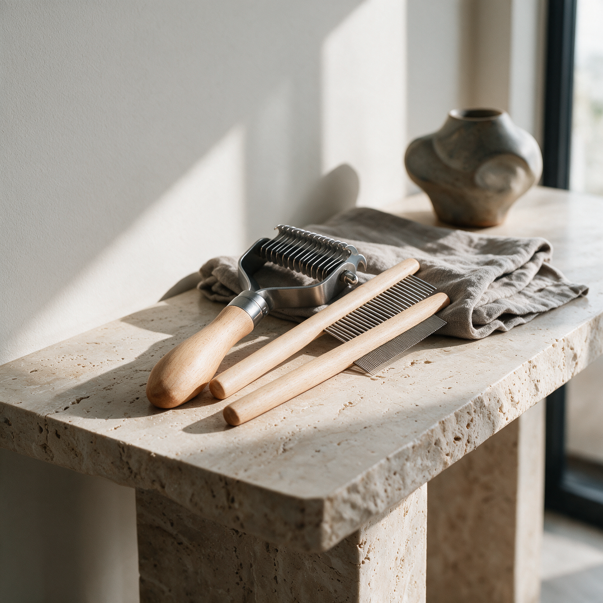 Deshedding brush set on a travertine console