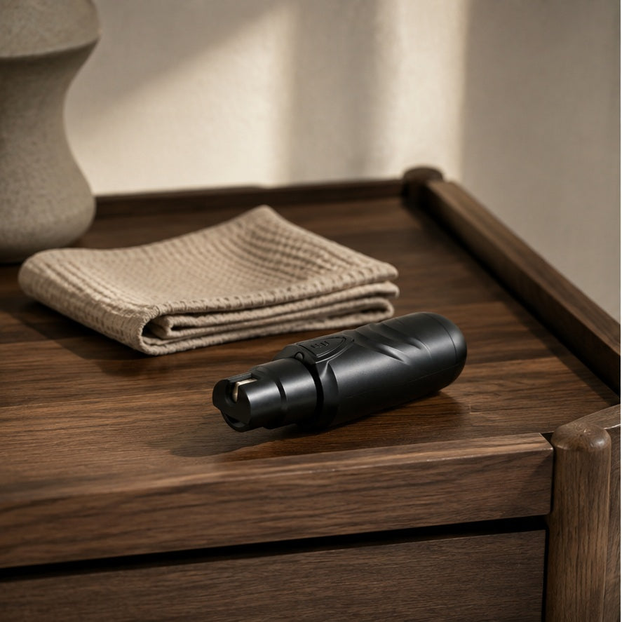Rechargeable dog nail grinder on a walnut tray
