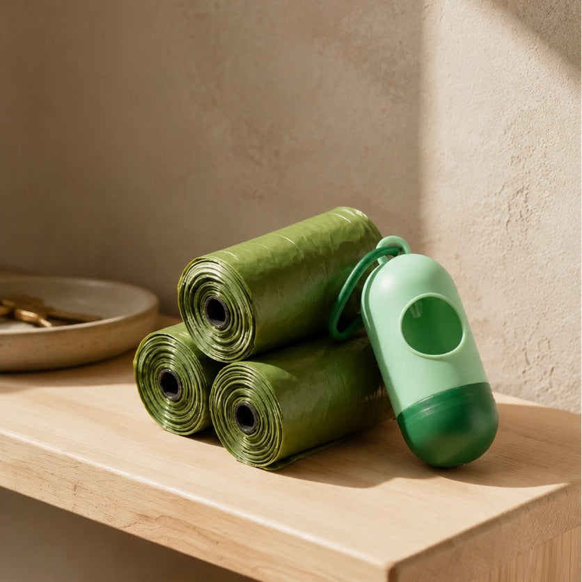 Biodegradable waste bag rolls and dispenser on an oak shelf