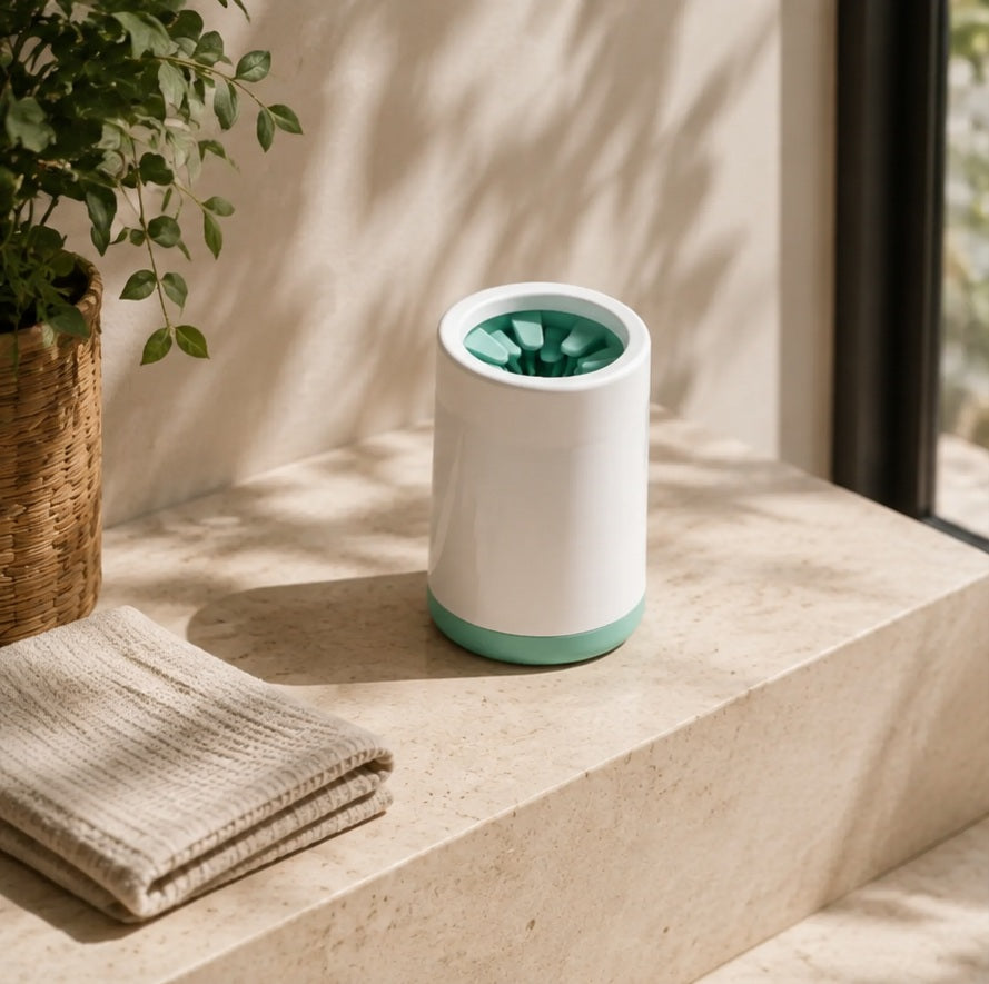 Silicone paw-cleaning cup on a stone ledge in a sunlit entryway