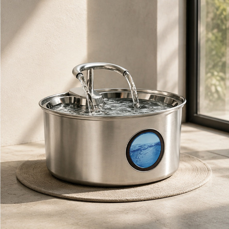 Stainless steel cat water fountain on a woven mat in soft daylight