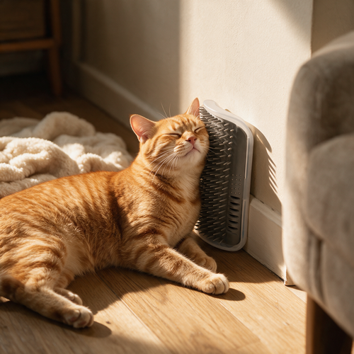 Ginger cat rubbing its cheek against the corner grooming brush in a warm living room