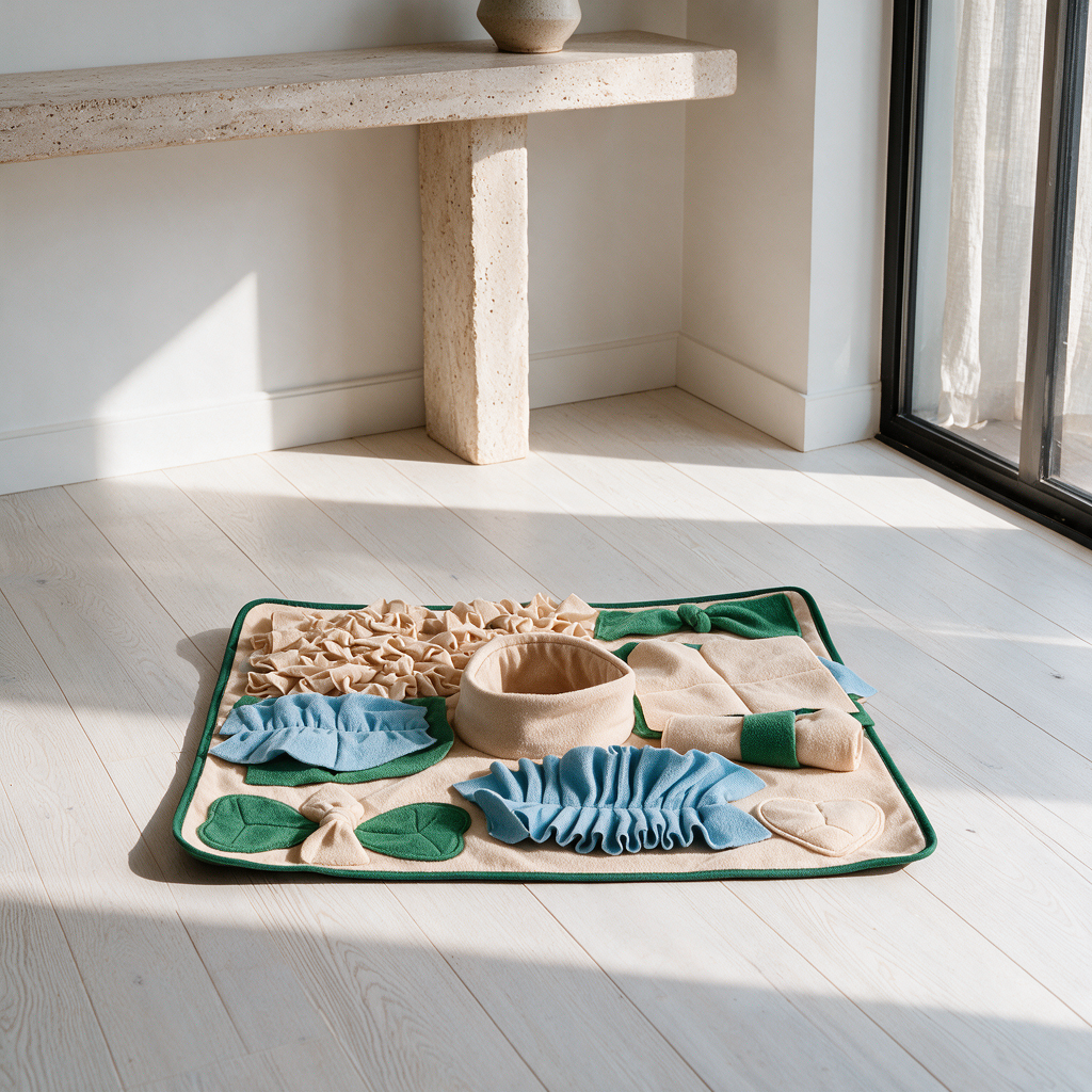 Snuffle mat on white oak floors in a modern luxury home