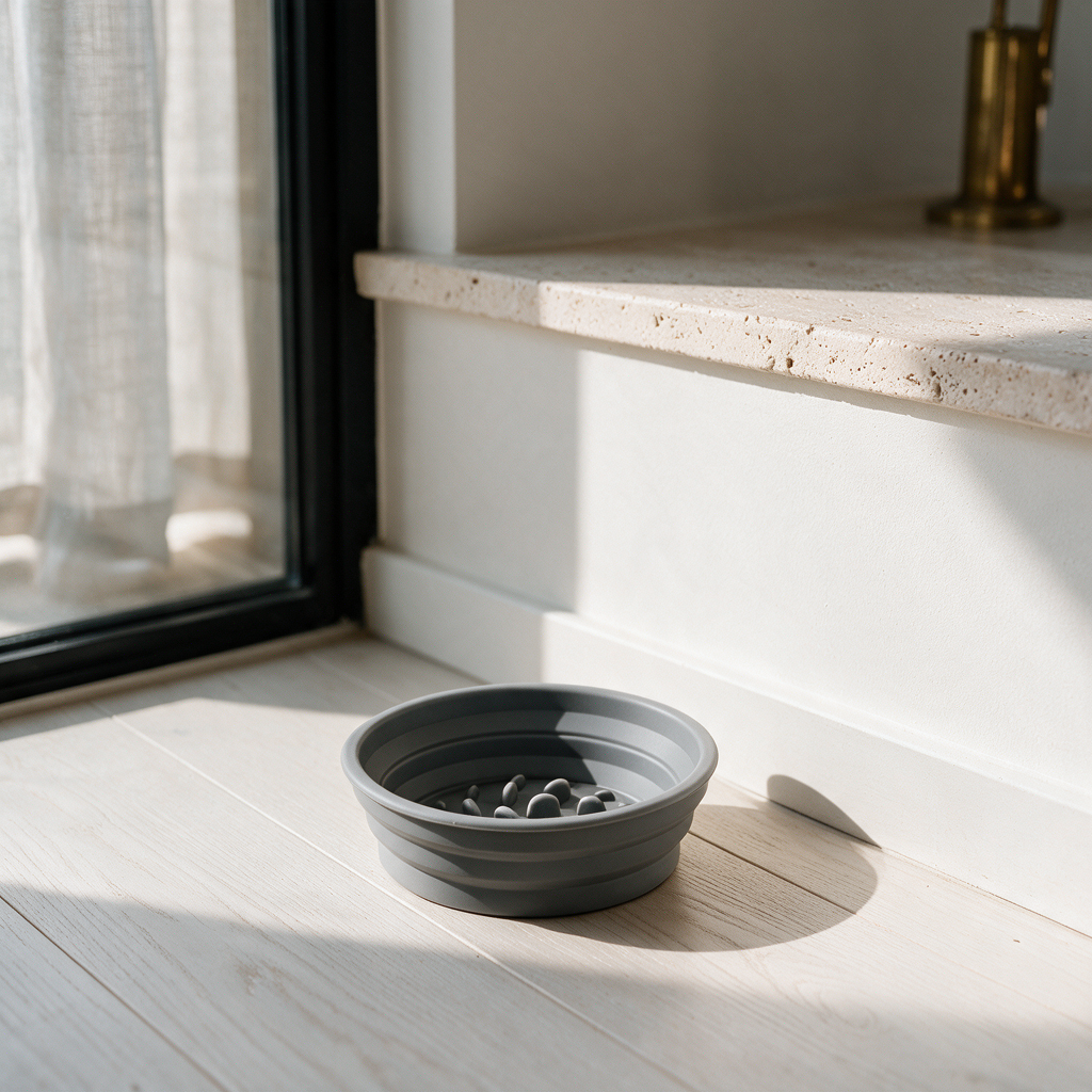 Slow feeder bowl on white oak floors in a modern luxury home