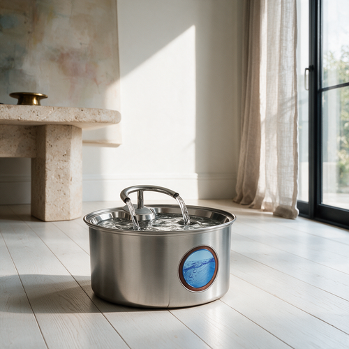 Cat water fountain on white oak floors in a modern luxury home