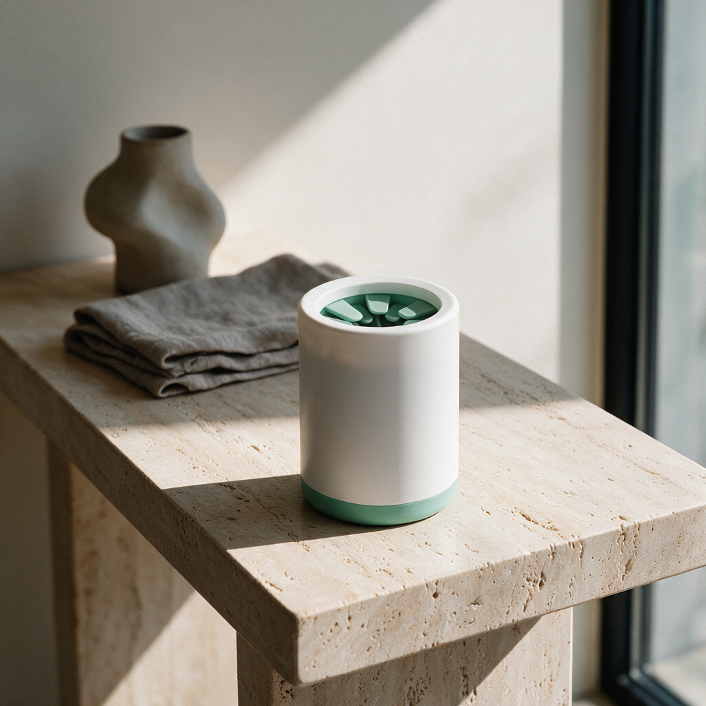 Silicone paw-cleaning cup on a travertine console in a modern luxury home