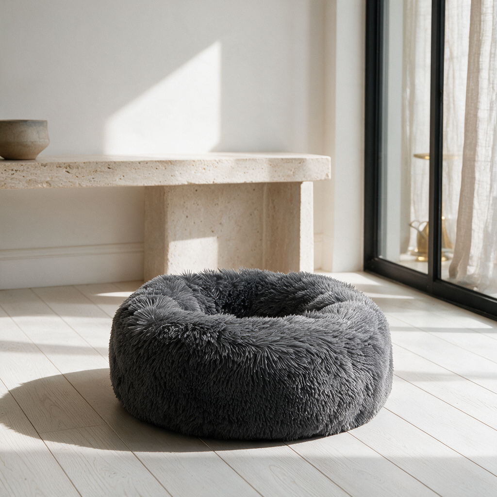 Plush donut pet bed on white oak floors in a modern luxury home