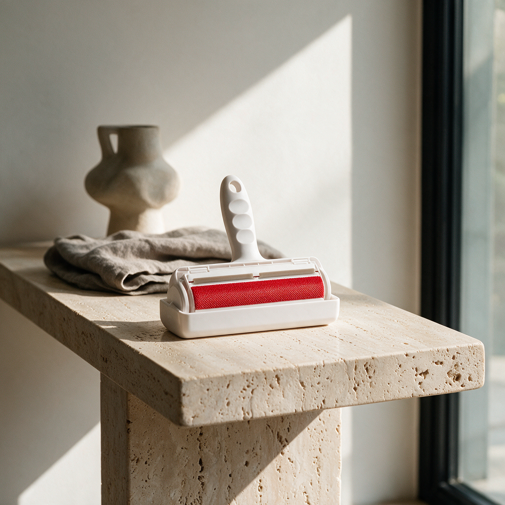 Hair remover roller on a travertine console in a modern luxury home
