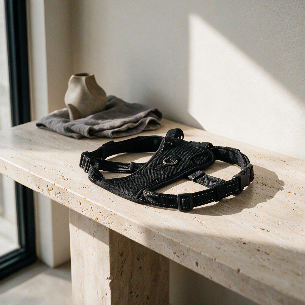 Black no-pull harness laid out on a travertine console in a modern luxury home