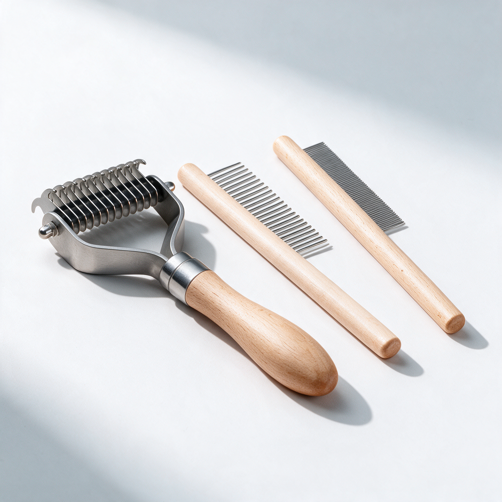 All three pieces of the deshedding set on a white studio background