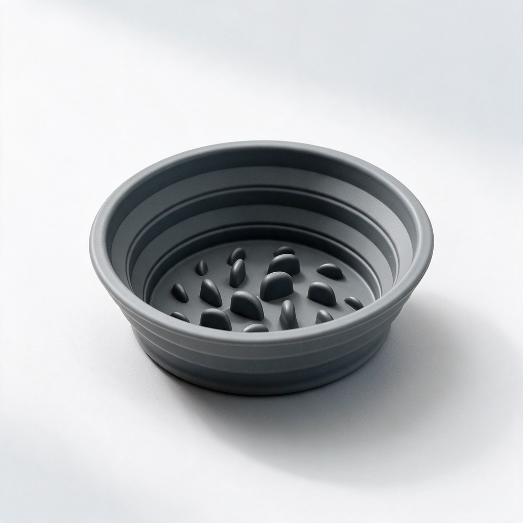 Grey silicone slow feeder bowl on a white studio background