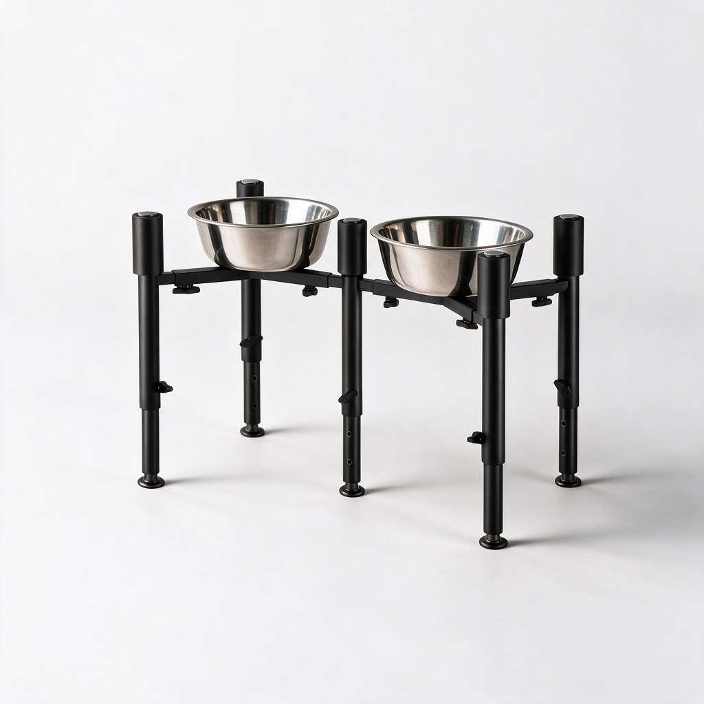 Elevated dog bowl stand on a white studio background
