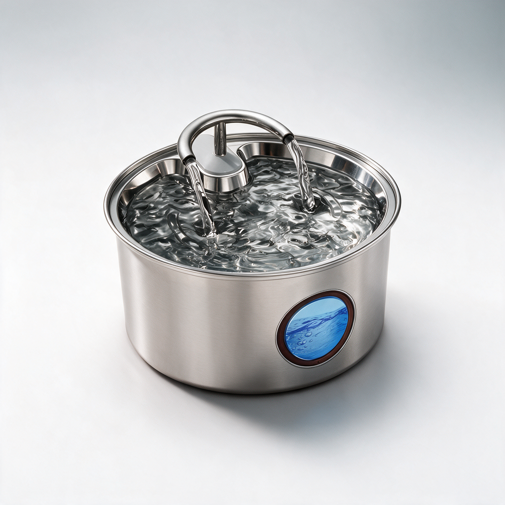 Stainless steel cat water fountain on a white studio background