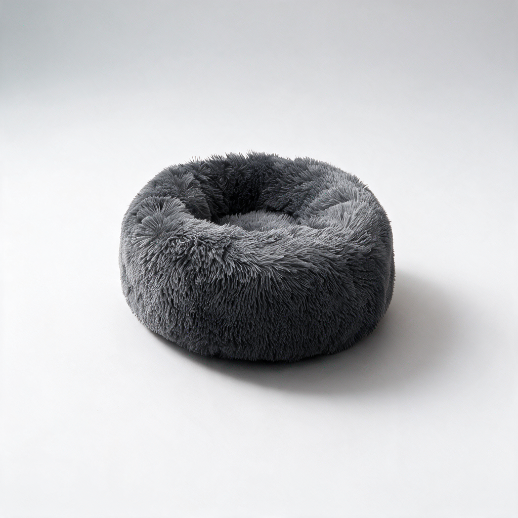 Plush donut pet bed on a white studio background
