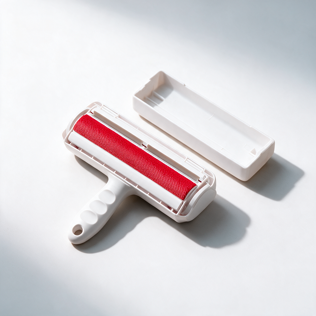 Pet hair remover roller and self-cleaning base on a white studio background