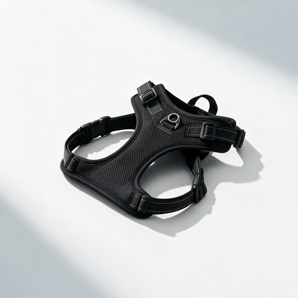 Black no-pull dog harness laid flat on a white studio background