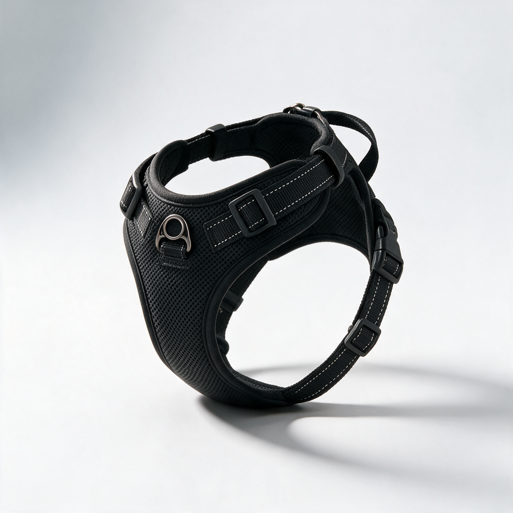 Close view of the front D-ring, buckle and reflective stitching
